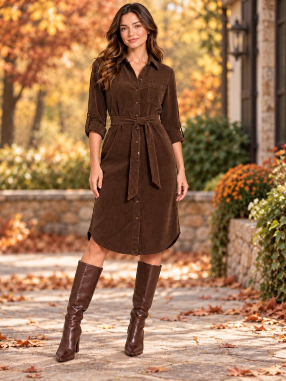 Adrienne Vittadini Brown Corduroy Shirt Dress Long Sleeves Roll Tabs Size S NWT